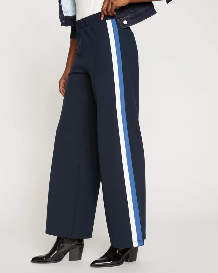 Stephanie Wide Leg Stripe Ponte Pants 33 Inch - Navy with Blue/White Stripe | Universal Standard Blue Athleisure Sweatpants With Side Stripes, Blue Cotton Sweatpants With Side Stripes, Blue Athleisure Bottoms With Side Stripes, Casual Navy Wide-leg Pants, Navy Cotton Athleisure Pants, Navy Straight Leg Athleisure Bottoms, Navy Sporty Bottoms For Spring, Sporty Navy Bottoms For Spring, Blue Sporty Bottoms With Contrast Stripes