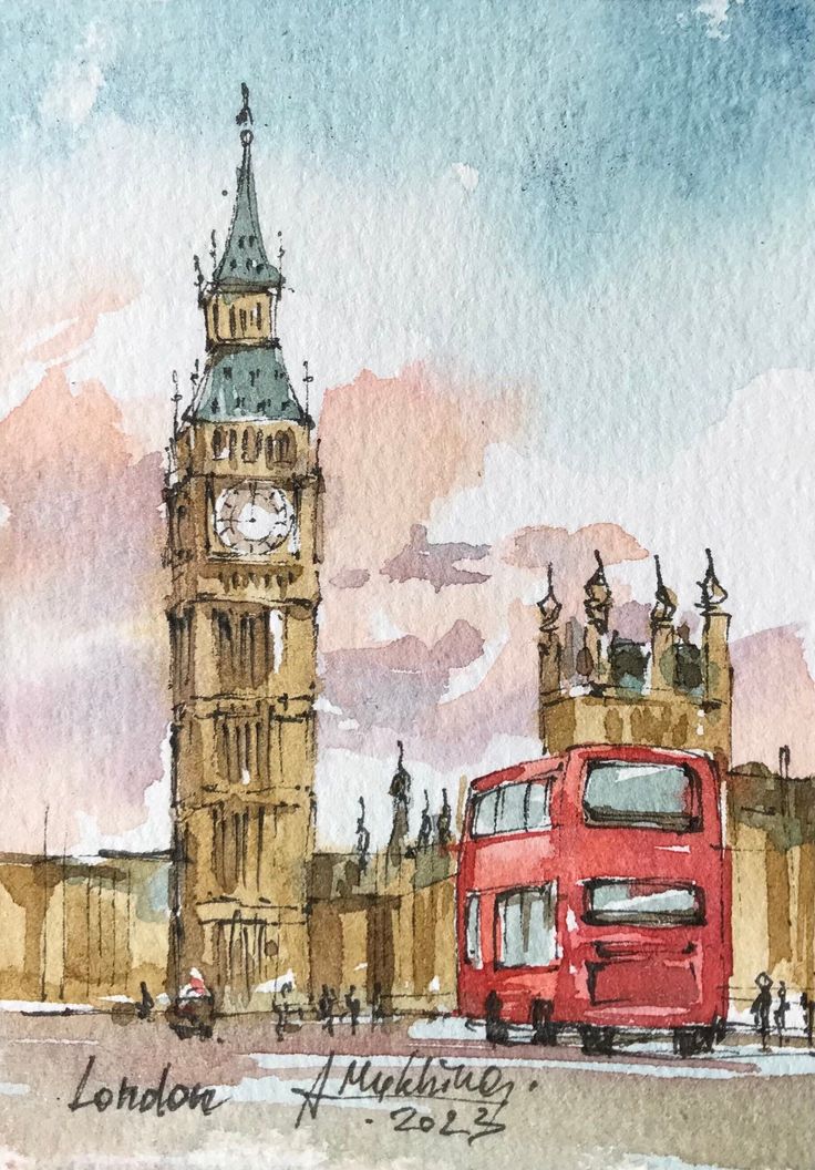 London painting ACEO Original watercolor England sketch Miniature... London Watercolor Paintings Easy, Big Canvas Drawing Ideas, Watercolour Sketchbook Ideas, Unique Watercolor Paintings Ideas, Watercolour Painting Aesthetic, Watercolour London, England Sketch, London Art Drawing, Aesthetic Watercolour Painting