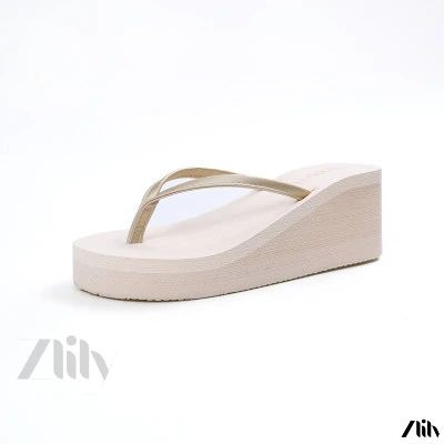 Zlily - Sleek and Stylish Flat Sandals with Slip-Resistant Slope Heels for Fashionable Beachwear Summer Platform Slippers With Eva Material, Comfortable Solid Color Platform Slippers For Summer, Solid Color Platform Slippers For Beach And Summer, Beige Platform Slippers For Summer Vacation, Trendy Beige Platform Slippers For Beach, Summer Beige Platform Slippers For Beach, Spring Open Toe Platform Slippers, Solid Color Open Toe Platform Slippers For Spring, Spring Season Open Toe Platform Slippers