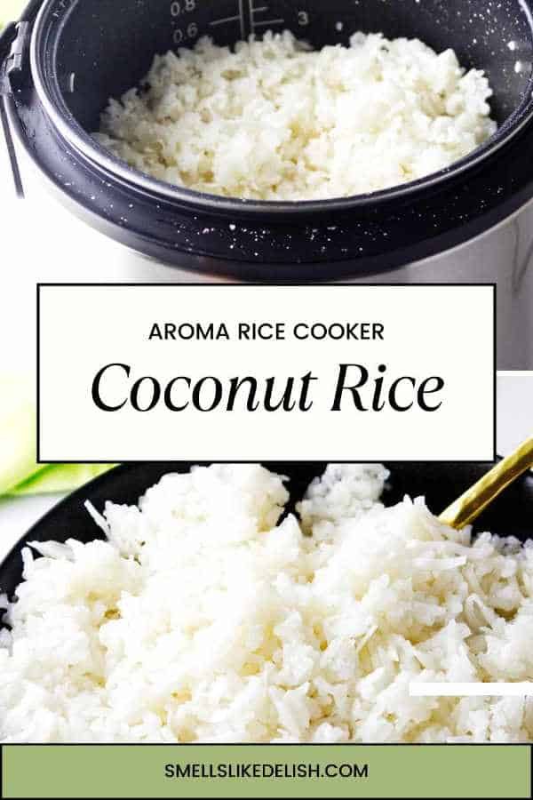 an image of coconut rice cooking in the crock pot with text overlay that reads, aroma rice cooker coconut rice