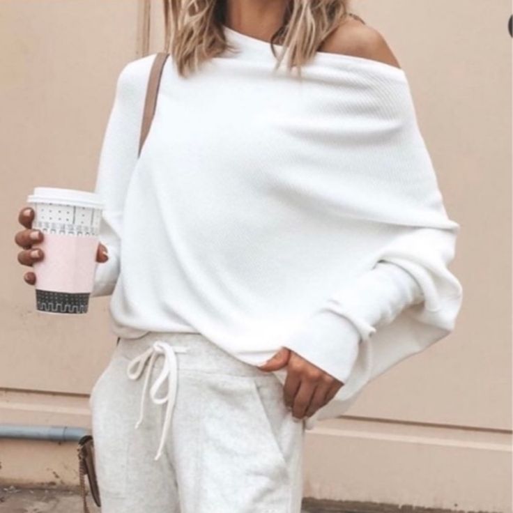 White Off Shoulder Knit Cozy Tops Sweater Long Sleeve Winter Sweater For Brunch, Winter Ribbed Knit Top For Day Out, Chic Cozy Fit Tops For Winter, Fall Brunch Knit Top, Chic Long Sleeve Sweater For Day Out, Trendy Fall Sweater For Brunch, Winter Knit Sweater For Brunch, Winter Brunch Knit Sweater, Long Sleeve Soft Knit Sweater For Day Out