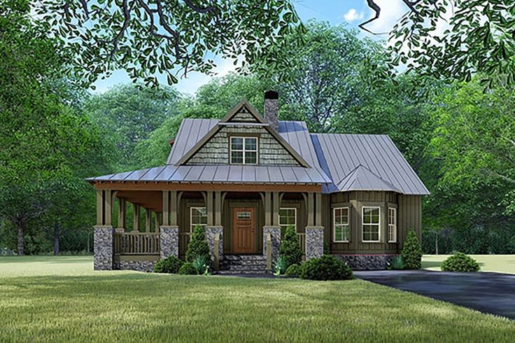 this is a computer rendering of a small cabin style house with porches and windows