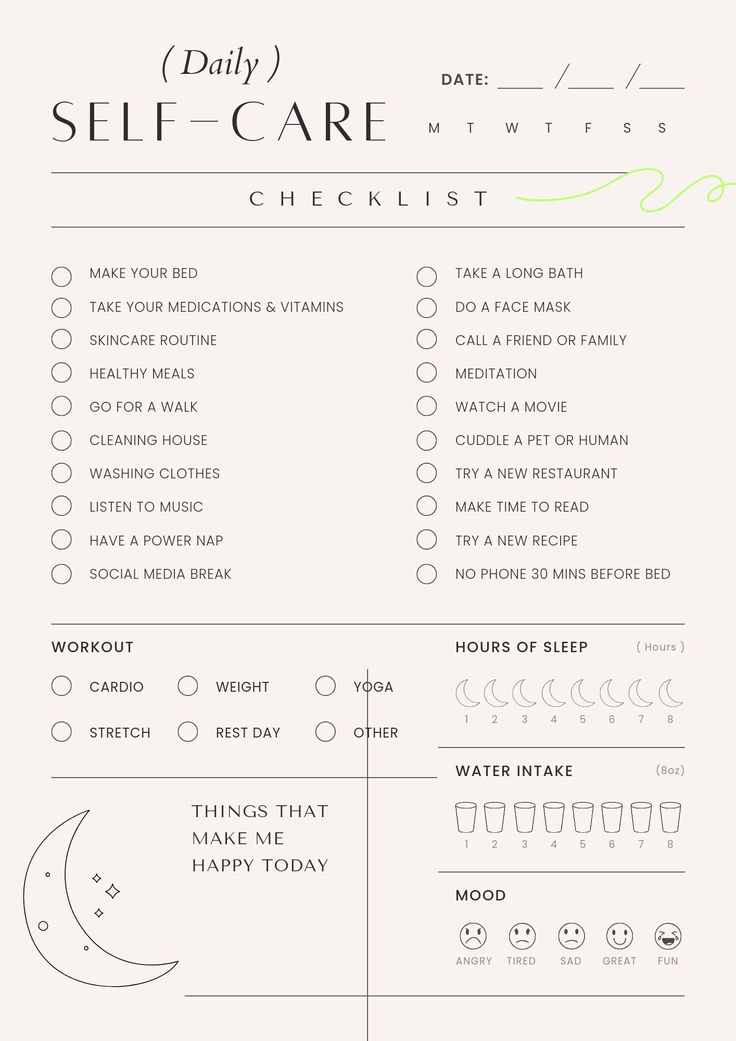 A more detailed version of the Daily Self- Care Routine Printable Checklist. This one is for the besties who want to track asa much as possible to incorporate new daily habits into their lives. This includes a few ideas listed in the center of the page plus water, sleep, workout, and mood trackers, as well as a section at the bottom left corner to write the things of the day that made you the happiest for a little bit of gratitude. Daily Self Care Checklist, Printable Self Care, Before Bed Workout, Kunstjournal Inspiration, Daily Self Care, Self Care Checklist, To Do Planner, Social Media Break, Self Care Bullet Journal