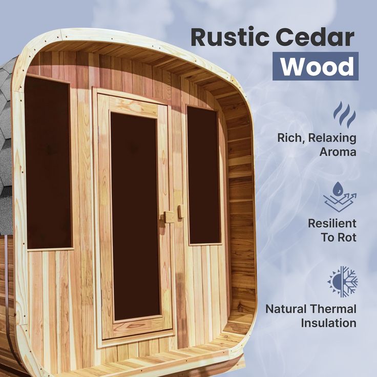 a wooden sauna with the words rustic cedar wood on it and instructions to use