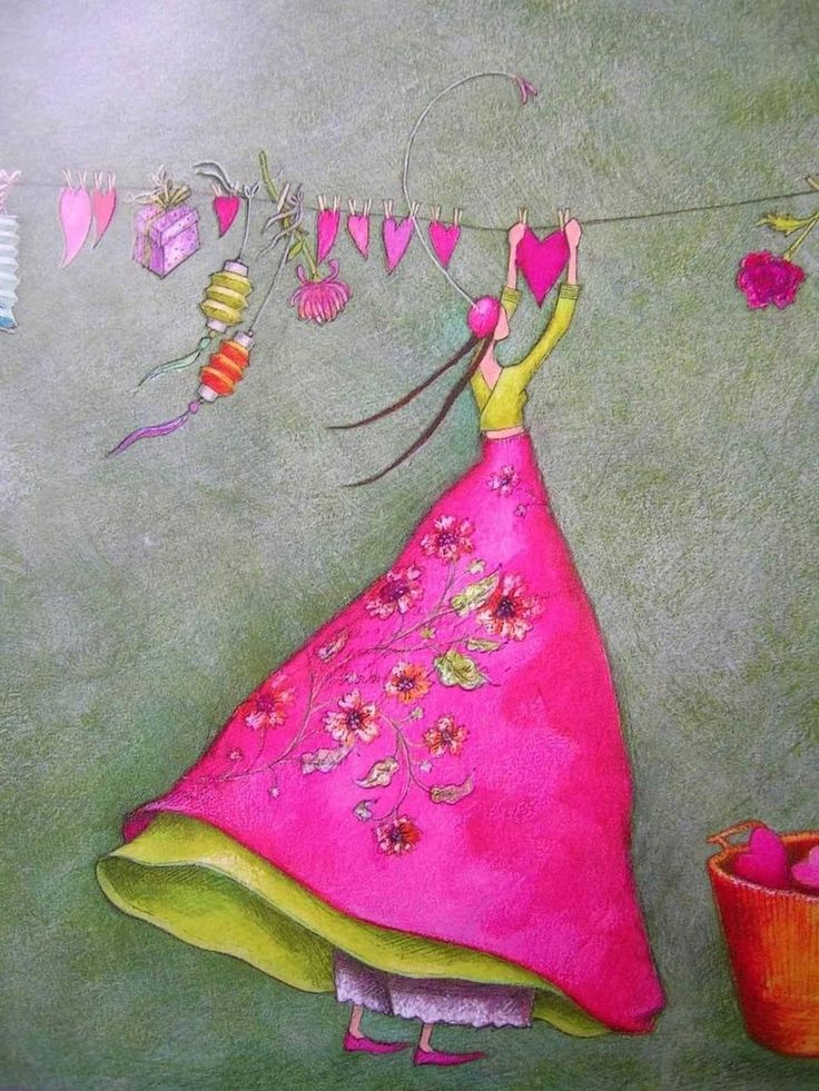 a painting of a woman in a pink dress holding a string with hearts hanging from it