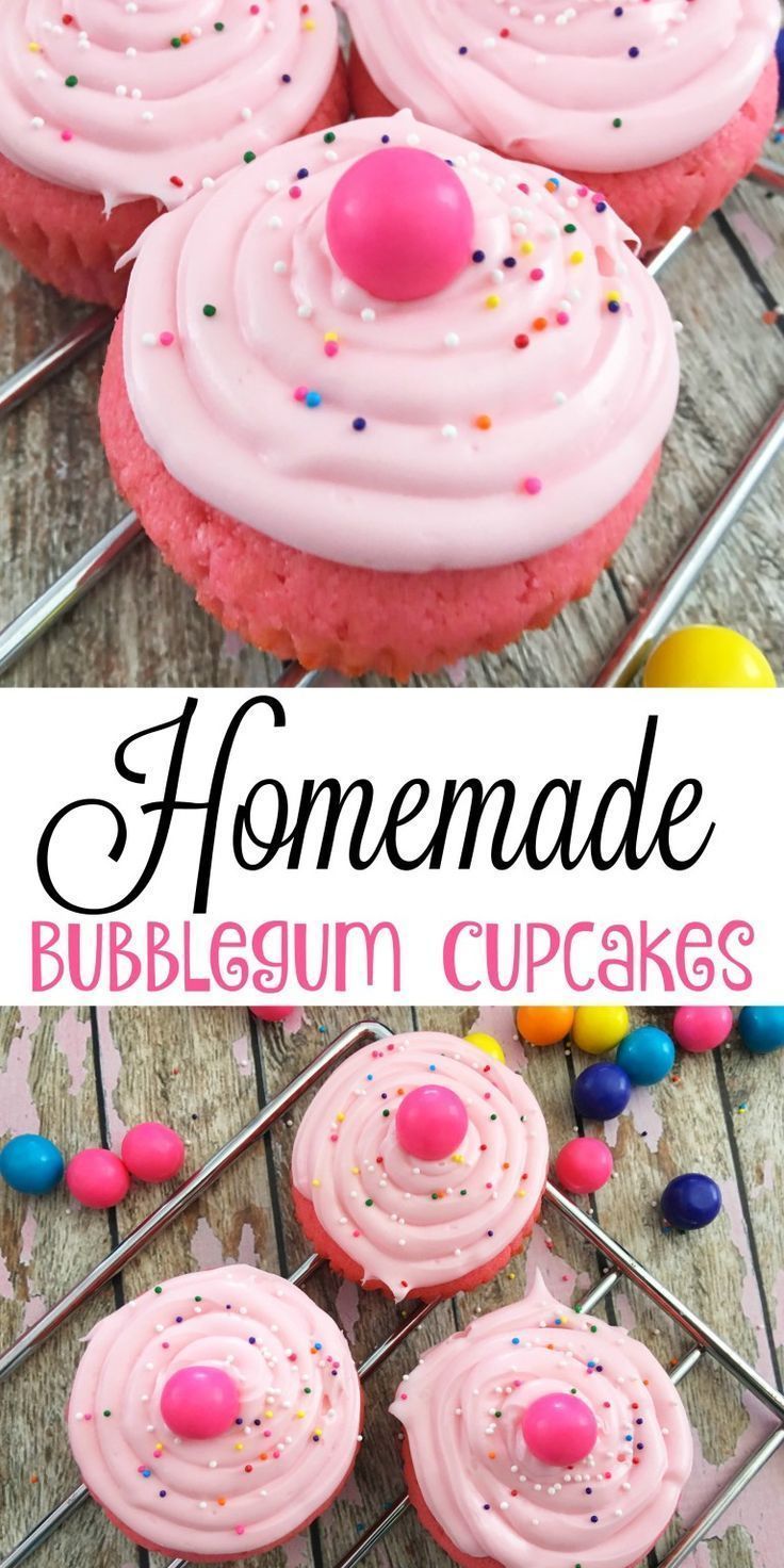 homemade bubblegum cupcakes with pink frosting and sprinkles on top