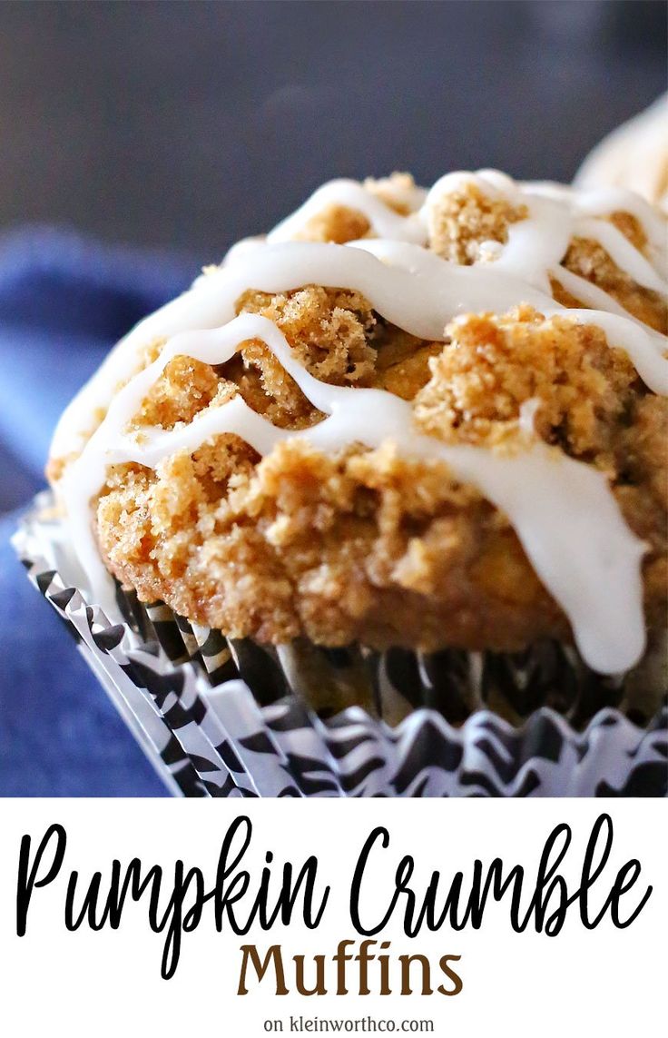 pumpkin crumble muffins with white icing on top