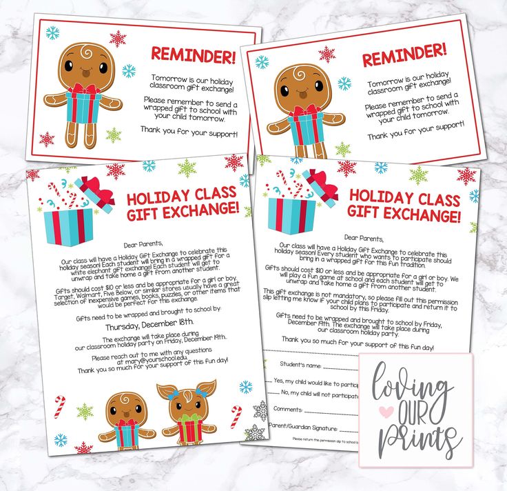 two holiday gift exchange printables with gingerbread man holding a christmas present and reindeer