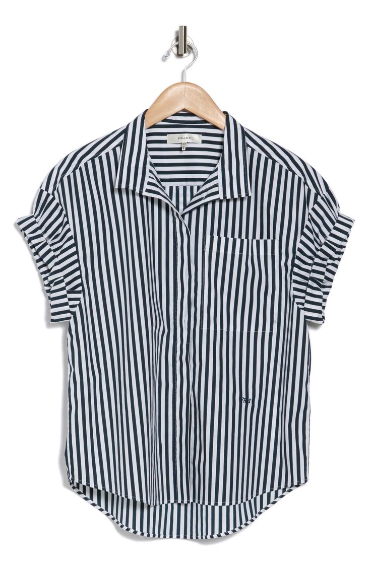 Bold stripes bring classic appeal to a short-sleeve button-up shirt cut in a slouchy silhouette with a curved high-low hem. 27" length (size Small) Hidden-button placket Spread collar Short sleeves Chest patch pocket 100% organic cotton Machine wash, dry flat Imported Casual Collared Blouse With Vertical Stripes, Spring Tops With Vertical Stripes And Shirttail Hem, Summer Button-up Shirt With Horizontal Stripes, Horizontal Stripe Button-up Shirt For Summer, Summer Horizontal Stripe Button-up Shirt, Relaxed Fit Striped Collared Blouse, Striped Collared Blouse Relaxed Fit, Striped Collared Blouse With Relaxed Fit, Casual Tops With Vertical Stripes And Shirttail Hem