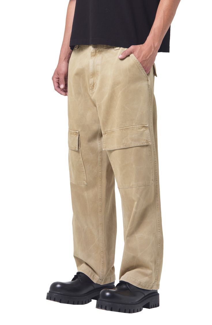 Roomy and relaxed, these cargo pants cut from soft cotton twill feature light fading and plenty of roomy pockets for holding a day's essentials. 29 1/2" inseam; 20" leg opening; 13 1/2" front rise; 16 1/2 back rise (size 29) Zip fly with button closure Front slant pockets; back flap-patch pockets; cargo flap-patch pockets 100% cotton Machine wash, tumble dry Made in the USA of imported fabric Relaxed Fit Cargo Pants In Utility Style, Relaxed Fit Cargo Pants Utility Style, Beige Cotton Utility Cargo Jeans, Relaxed Fit Straight Cargo Pants, Beige Cotton Utility Work Pants, Beige Cotton Cargo Jeans With Pockets, Beige Cotton Cargo Jeans With Belt Loops, Relaxed Fit Straight Leg Parachute Pants With Cargo Pockets, Relaxed Fit Cargo Trousers With Multiple Pockets