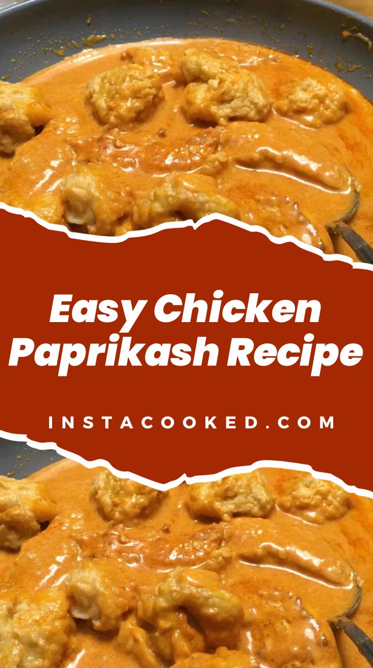 easy chicken paprikash recipe on a plate with the title in red overlay