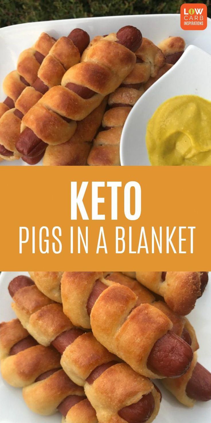 keto pigs in a blanket on a white platter with mustard and dipping sauce