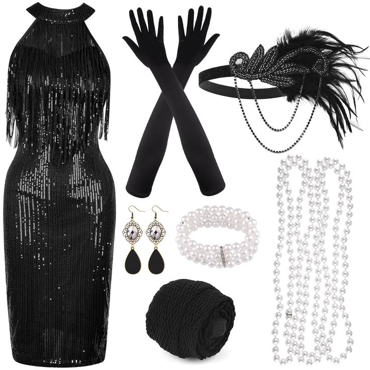 PRICES MAY VARY. 1920S ACCESSORIES FOR WOMEN PACK: 1 × great gatsby party dress, 1 × feather gold headband, 1 × pearl bracelet, 1 × pearl necklace, 1 × black prop, 1 × fishnet tights, 1 pair of black long gloves(2pcs), 1 pair of gold tassel earrings(2pcs), in total 10 pieces READ BEFORE BUYING: Mesdium:33.07(bust/in),26.77(waist/in)35.83(hips/in);Large:35.43(bust/in),29.13(waist/in),38.19(hips/in);X-Large:37.80(bust/in),31.50(waist/in),40.55(hips/in) CHARMING DESIGN: Roaring 20s costumes for wom Luxury Black Flapper Dress For Gala, Black Great Gatsby Dress, Gatsby Outfit For Woman, Great Gatsby Party Outfit Black Women, Great Gatsby Themed Party Outfit, Roaring 20s Party Outfit Women, Gatsby Black Dress, Masquerade Theme Party Outfit, Halloween Costumes With Black Dress