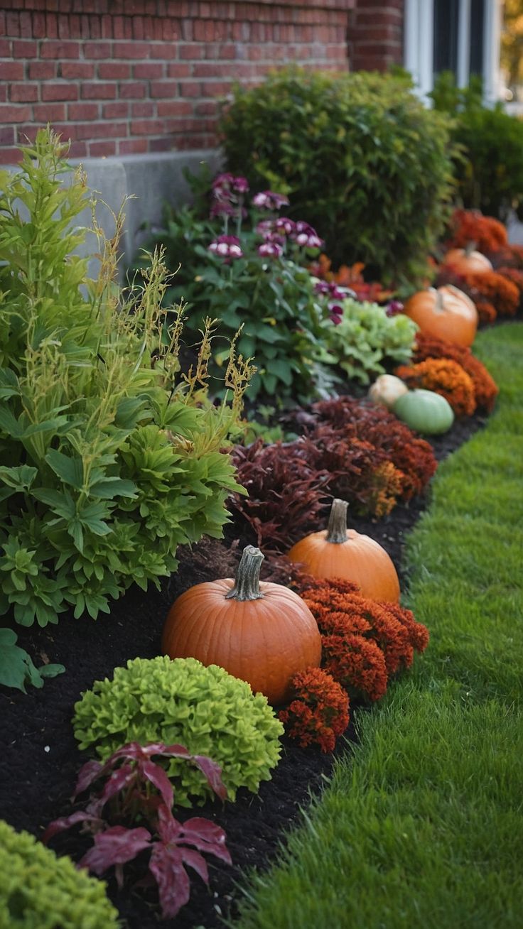 a row of pumpkins sitting in the middle of a flower bed next to a brick building