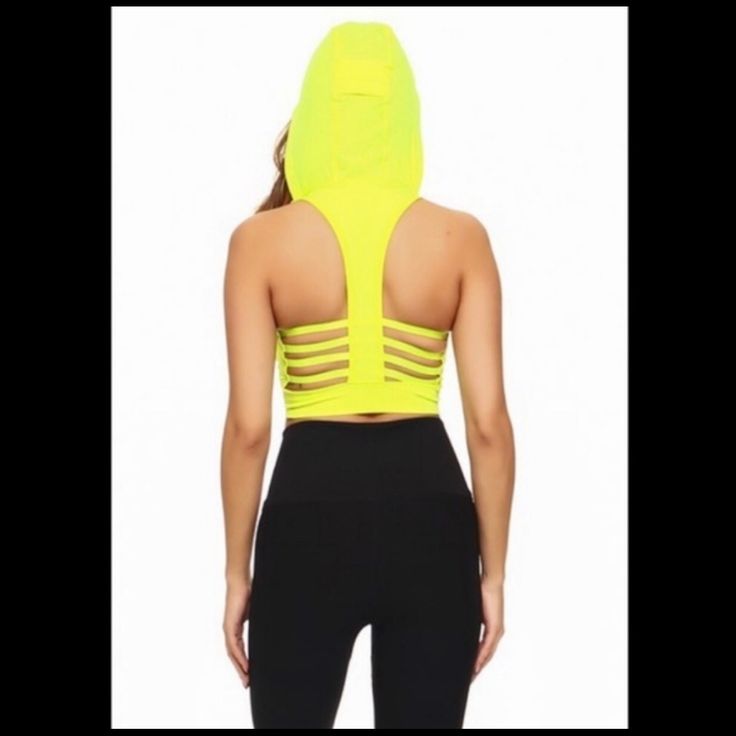 Neon Yellow Sports, Fitness Seamless Sports Bra Top With Stretched Construction, Removable Cups And A Hoodie Made Of 92% Nylon And 8% Spandex Stretch Sportswear Tank Top For Light Sports, Sporty Stretch Sports Bra For Gym, Stretch Athleisure Tank Top For Light Sports, Nylon Tops For Workout, Sporty Sports Bra With Stretch For Light Exercise, Breathable Athleisure Crop Top, Stretch Sports Bra For Light Exercise, Fitted Yellow Sports Bra For Light Exercise, Sporty Stretch Sports Bra For Light Exercise