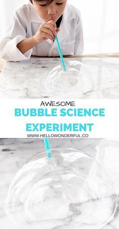 a little boy sitting at a table with a toothbrush in his mouth and the words awesome bubble science experiment