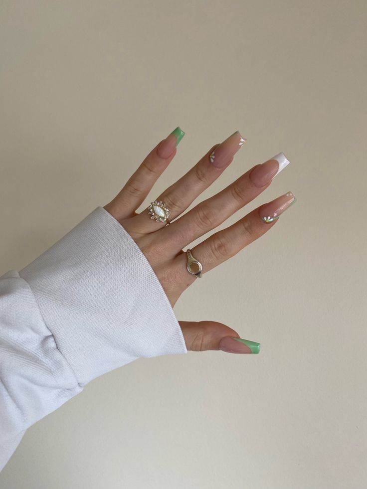 Spring / summer ss 2023 french sage green and white floral printed nails Green And White Acrylic Nails Coffin, Wedding Nails Sage Green And White, Square Sage Nails, Nails With Sage Green, White Nails With Green Designs, Sage Green And White Nails, White And Green Nails, Printed Nails, Nude Coffin Nails