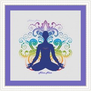 the silhouette of a woman sitting in a lotus position with colorful swirls around her