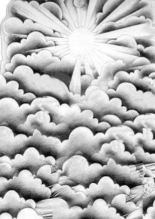 a drawing of clouds with the sun in the middle