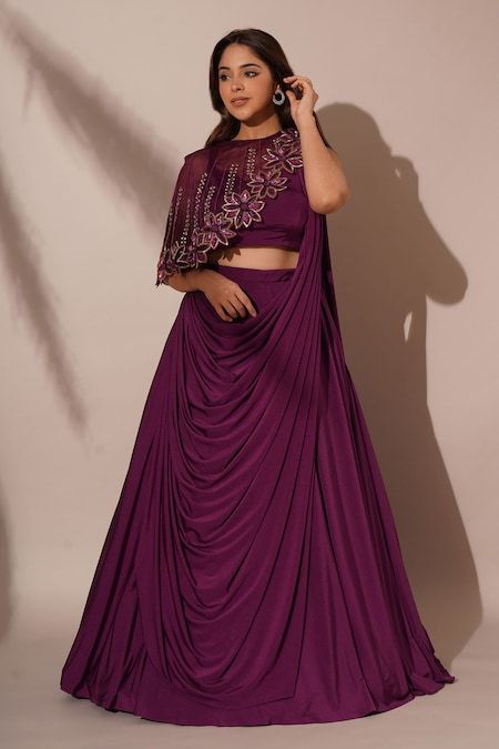 Buy Purple Lycra Embellished Sequins Solid Lehenga Saree Asymmetric Cape Set For Women by Chaashni by Maansi and Ketan Online at Aza Fashions. Ethnic Lehenga Designs, Night Wedding Function Dress, Trending Lehenga Designs, Solid Lehenga, Dress With Shrug, Asymmetric Cape, Disney Heroines, Indo Western Outfits For Women, Gown Dress Party Wear