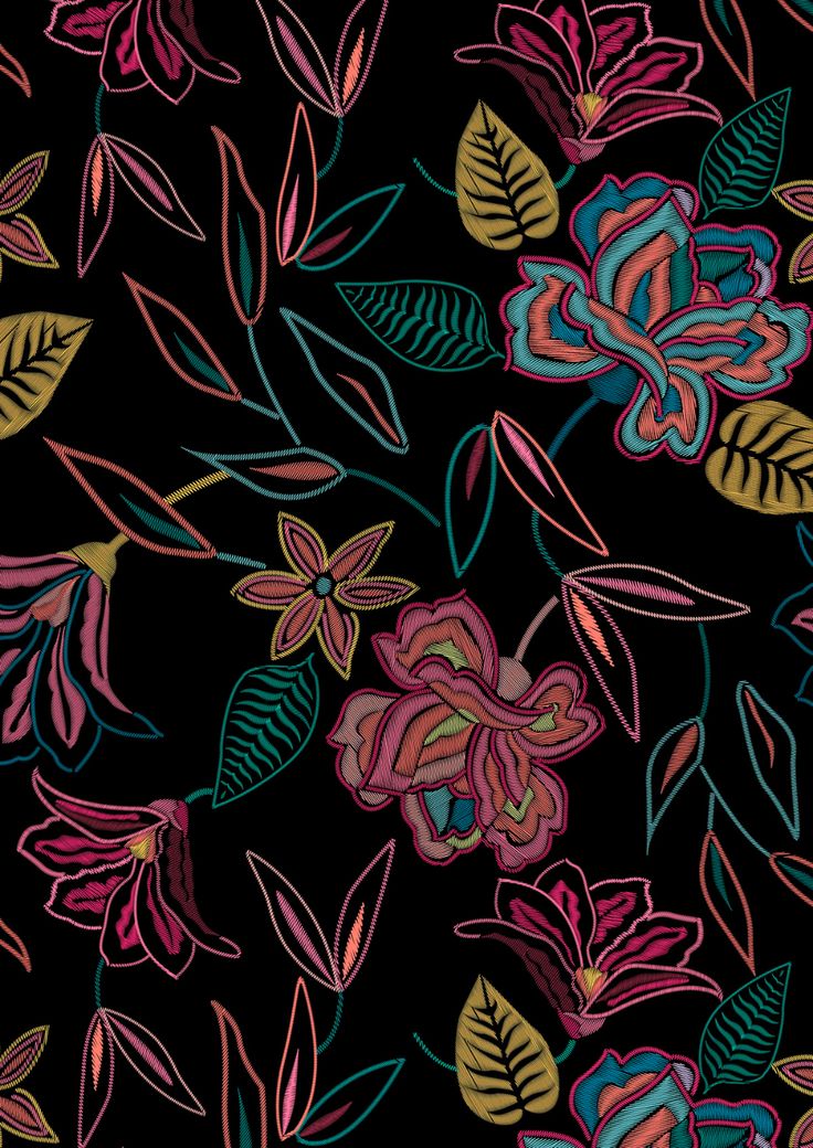 a black background with colorful flowers and leaves