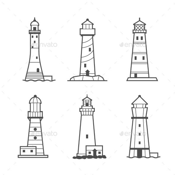 lighthouses in different styles and sizes on a white background with black outline, set of six