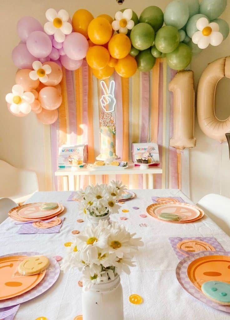 a table with balloons and plates on it in front of a wall decorated with flowers