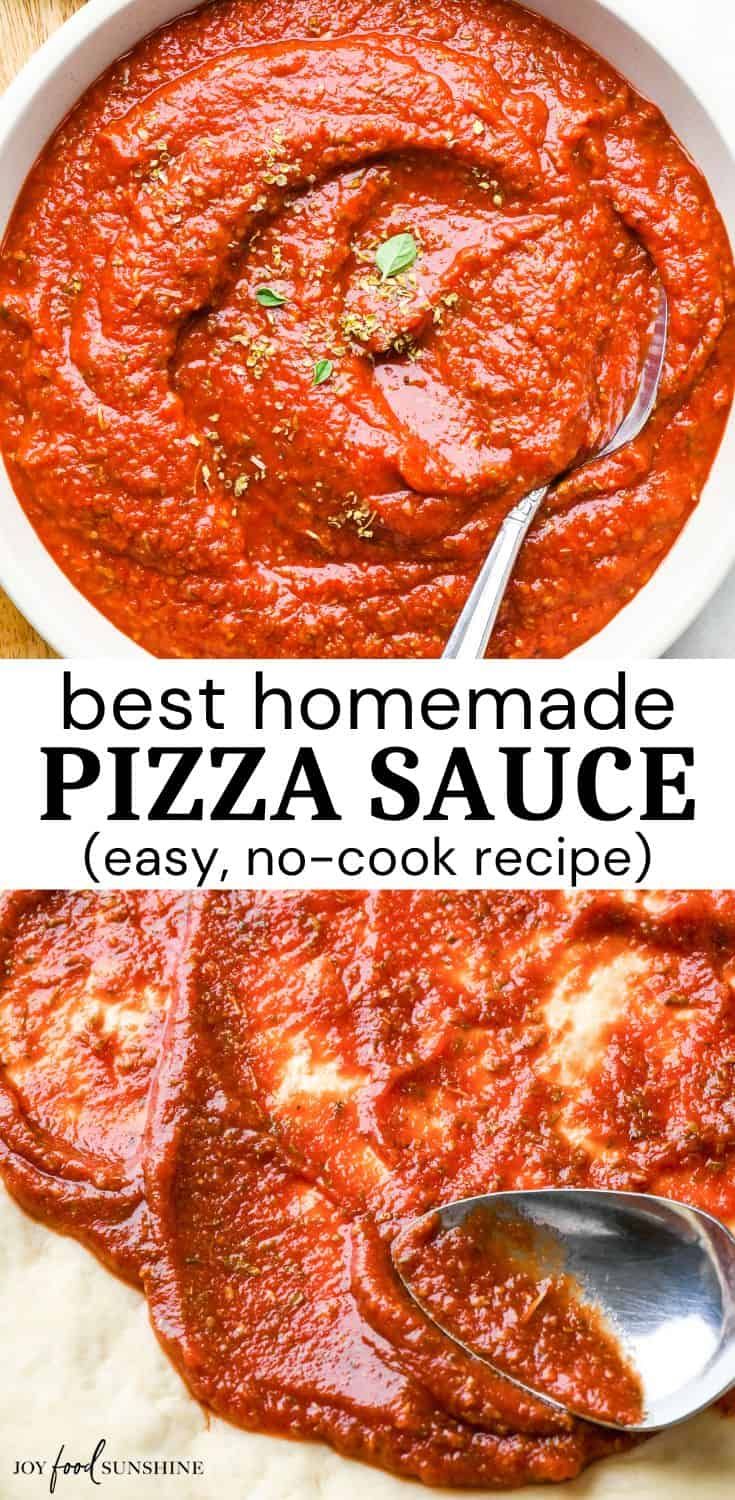 homemade pizza sauce in a white bowl with a spoon on top and the recipe below