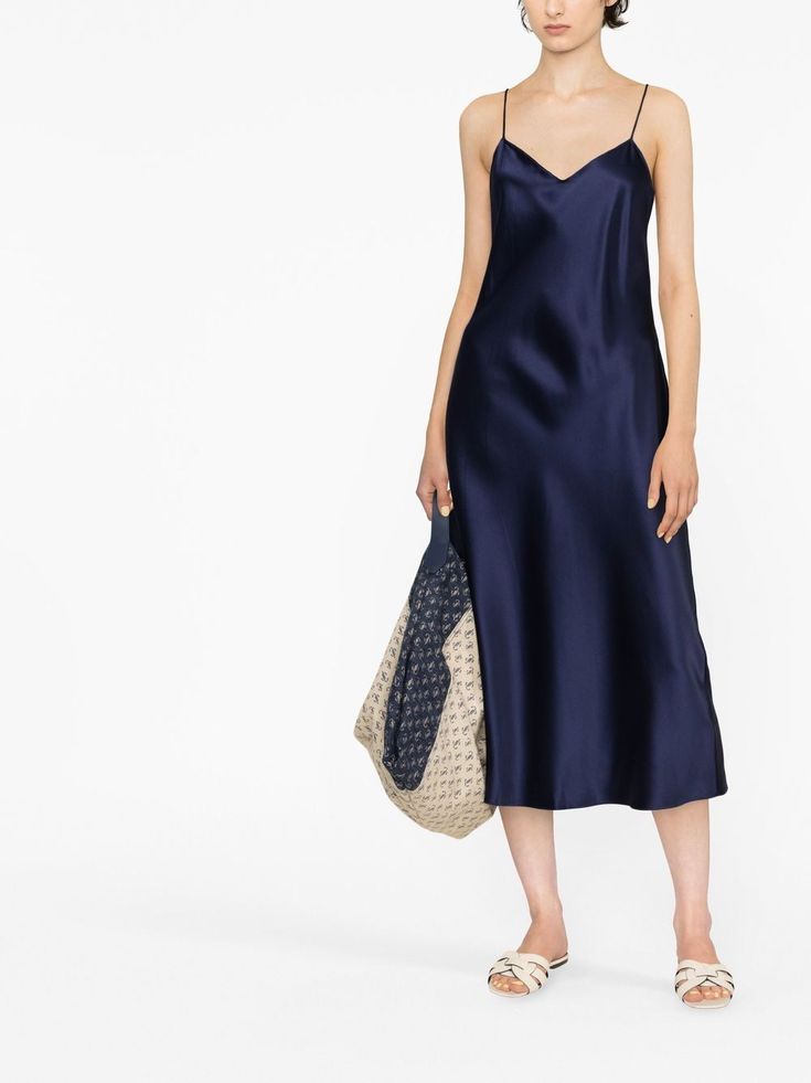 Polo Ralph Lauren V-neck Midi Dress - Farfetch Navy V-neck Midi Dress For Evening, Elegant Blue Slip Dress With Adjustable Straps, Silk Midi Dress With Adjustable Straps, Chic Silk Midi Dress With Adjustable Straps, Elegant Blue Midi Dress With Adjustable Straps, Midi Dress Blue, Wardrobe Edit, V Neck Midi Dress, Silk Slip Dress