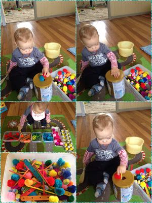 a collage of photos showing a toddler playing with toys