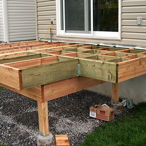 an unfinished wooden deck in front of a house