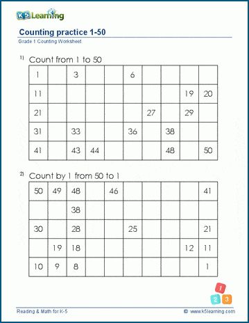 the printable worksheet for counting numbers 1 - 50 is shown in this image