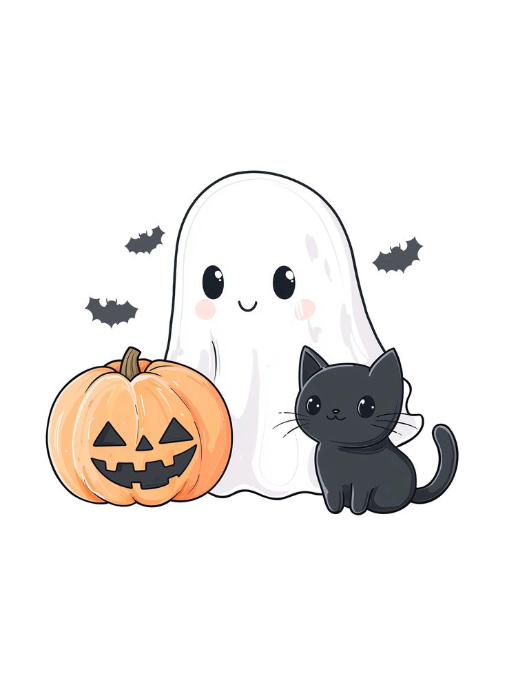 a black cat sitting next to a ghost and a jack - o'- lantern