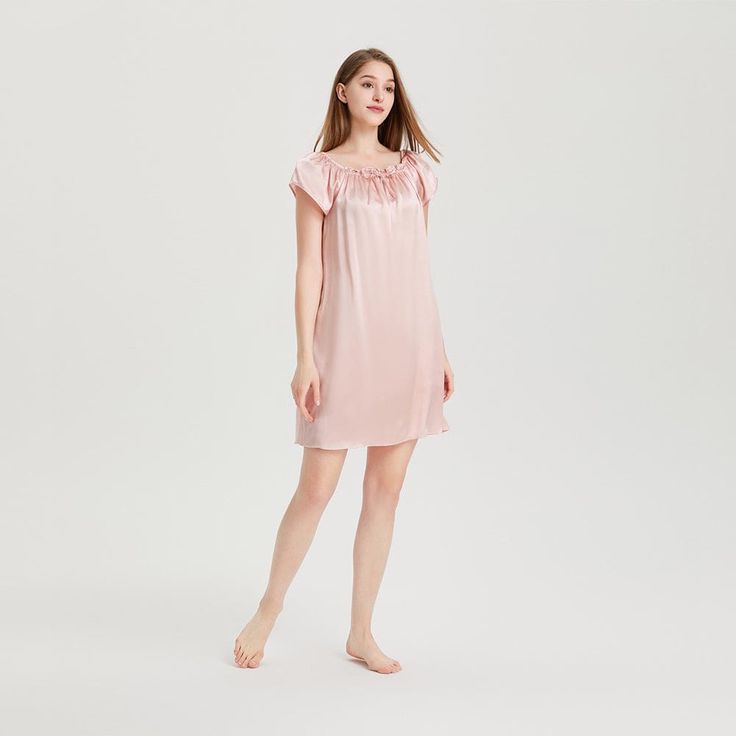 This 19 Momme Silk Short Sleeve Ruffle Silk Chemise is made of 100% Mulberry silk, which is washable. The simple yet modern design gives this 100 silk chemise a perfect silhouette. The washable silk chemise is the star line of THXSILK pajamas and includes a silk camisole top, short robe and pajamas sets. The ruffle design lets you have sweet style. It is a must-have for lounging at home. After purchasing it you will find that you need this lovely nightgown every night, with a comfortable and bre Cute Nightgowns, Silk Camisole Top, Silk Comforter, Chemise Dress, Silk Chemise, Pink Galaxy, Silk Sleepwear, Ruffle Design, Pajamas Sets