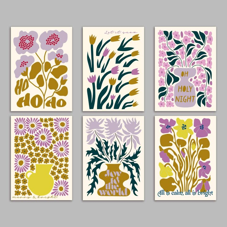 four different cards with flowers and plants on them