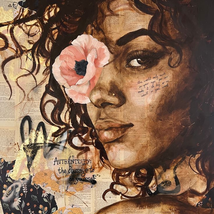 a painting of a woman's face with a flower in her hair and words written on it