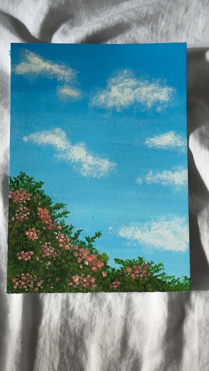 flowers, sky, clouds, bush, acrylic paint, mini painting Easy Painting Ideas Mountains, Painting Of Sky With Clouds, Cloud Sky Drawing, Canvas Painting Scenery Acrylics, Cute Scenery Painting, Sky Art Painting Cloud, Sky Painting With Clouds, Landscape Painting Ideas Easy, Simple Scenery Painting For Beginners