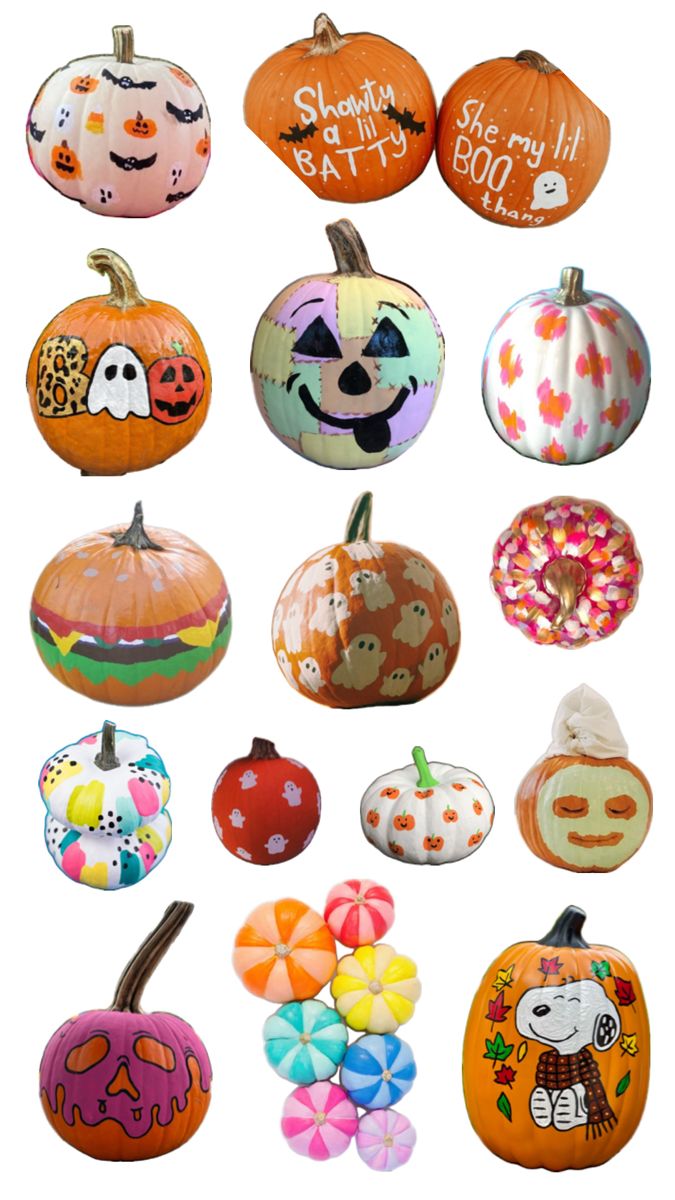 pumpkins painted with different designs on them