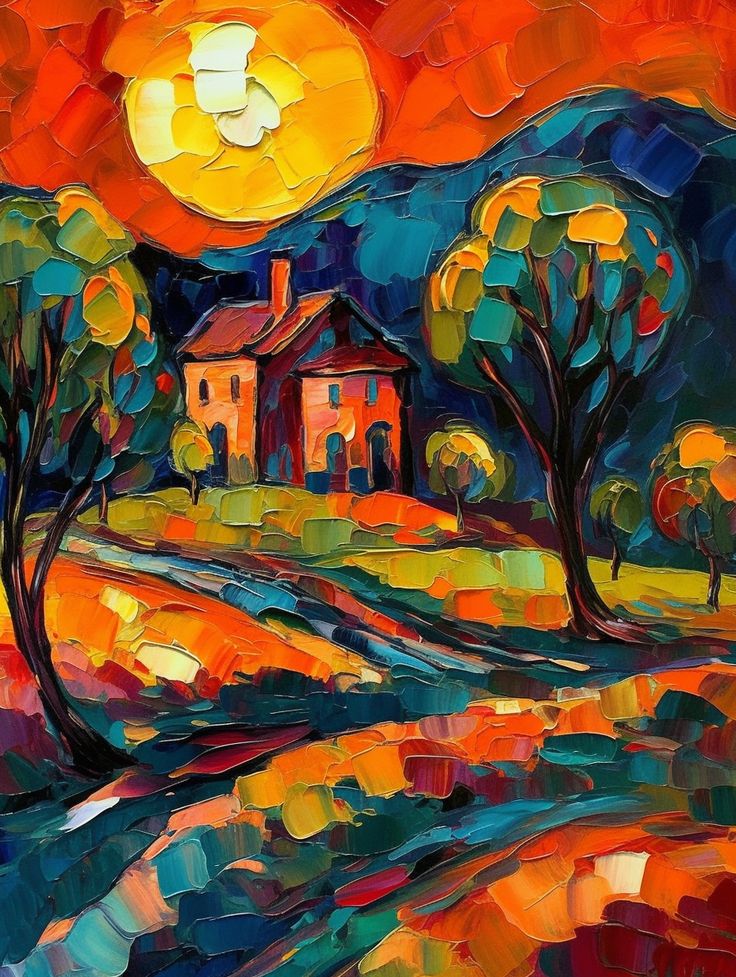 an impressionist painting of a house and trees in the background with oranges, yellows, and reds