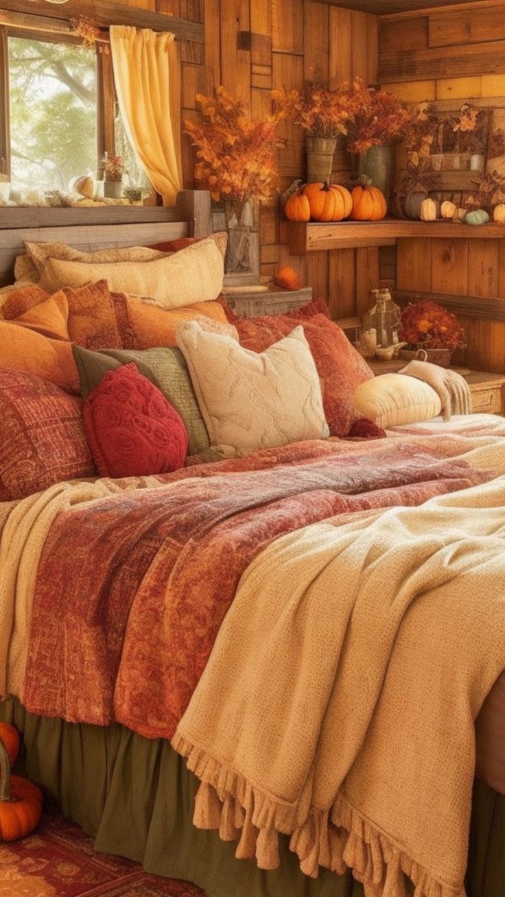 a bed in a room with lots of pillows and blankets on top of the bedspread