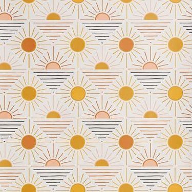 an orange and yellow wallpaper with small sun designs on the top, in front of a white background