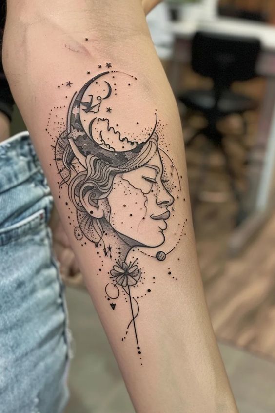 a woman with a crescent moon tattoo on her arm