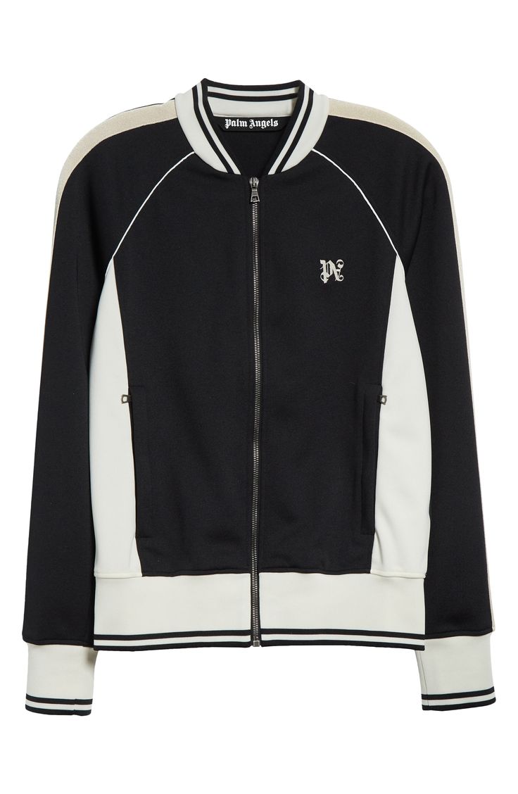 Channel California cool by way of Milan in this sporty bomber jacket featuring the Italian label's embroidered gothic monogram. 25" length (size Small) Front zip closure Blade collar Front on-seam zip pockets Lined 100% polyester Dry clean or machine wash, line dry Made in Italy Designer Clothing Fall Track Jacket With Logo And Long Sleeves, Sporty Varsity Jacket With Logo Detail For Fall, Sporty Fall Varsity Jacket With Logo Detail, Sporty Long Sleeve Varsity Jacket With Logo, Sporty Outerwear With Logo And Baseball Collar, Sporty Black Outerwear With Embroidered Logo, Streetwear Long Sleeve Track Jacket With Embroidered Logo, Long Sleeve Track Jacket With Embroidered Logo For Streetwear, Sporty Track Jacket With Embroidered Logo For Fall