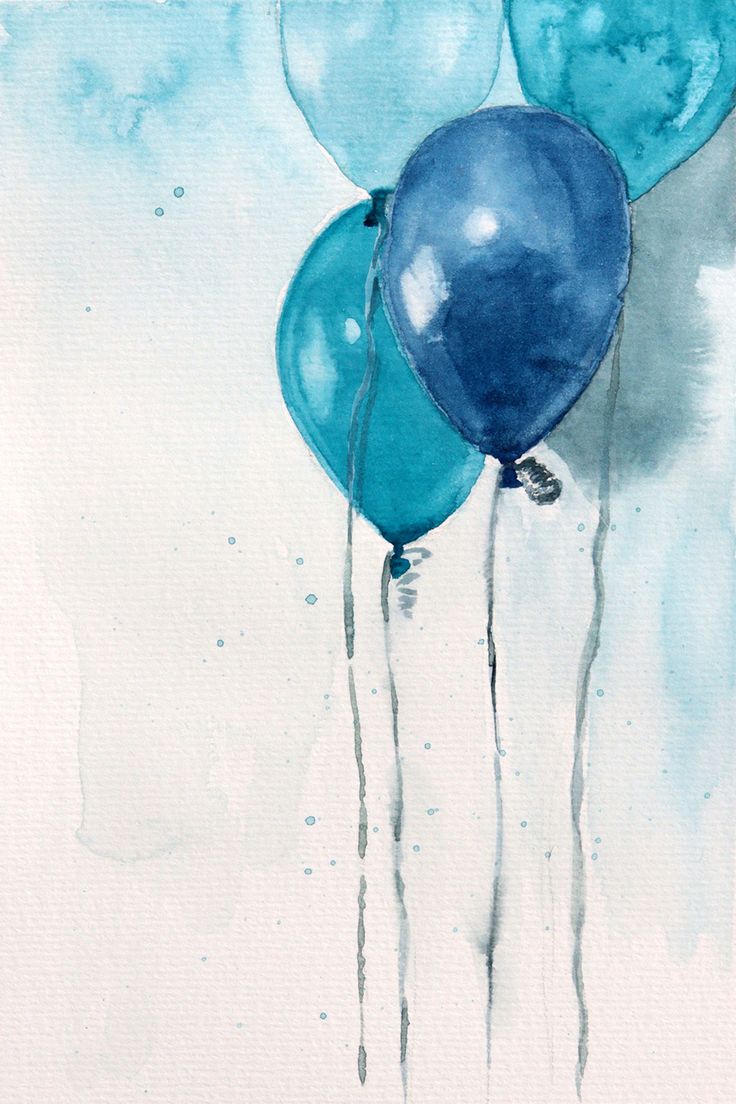 three blue balloons floating in the air with watercolor paint on paper, and one balloon is