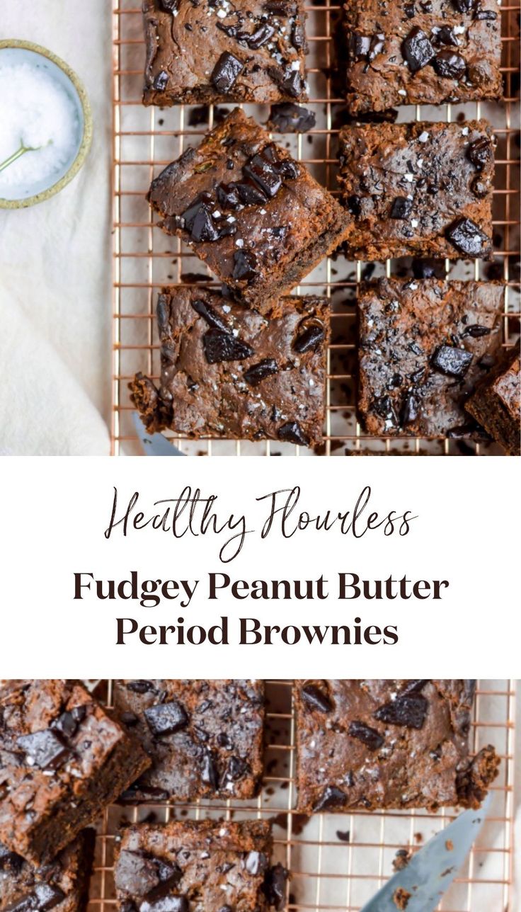 healthy brownies with fudgey peanut butter and chocolate chips are on a cooling rack