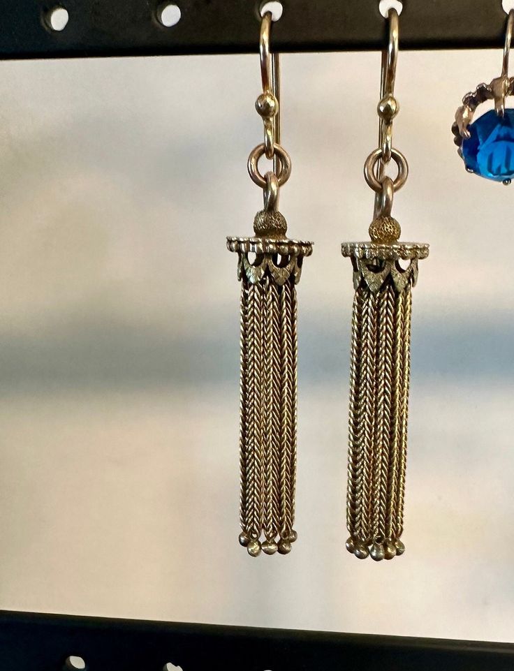 14k Victorian foxtail tassel earrings-elegant movement.  Size with 14k hook wires approx. 2 1/3" in length, wt.- 10.5 grams.  A classic beauty, gorgeous tops from which the foxtail chain hangs and terminates in a decorative bead.  Easy to wear , finely designed and made in the later 1800s. Decorative Beads, Earrings Elegant, Classic Beauty, Elegant Earrings, Tassel Earrings, Jewelry Earrings Dangle, Tassels, Dangle Drop Earrings, Dangle Earrings