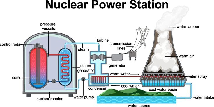 diagram of nuclear power station showing the main components and its workingss, including water cooling