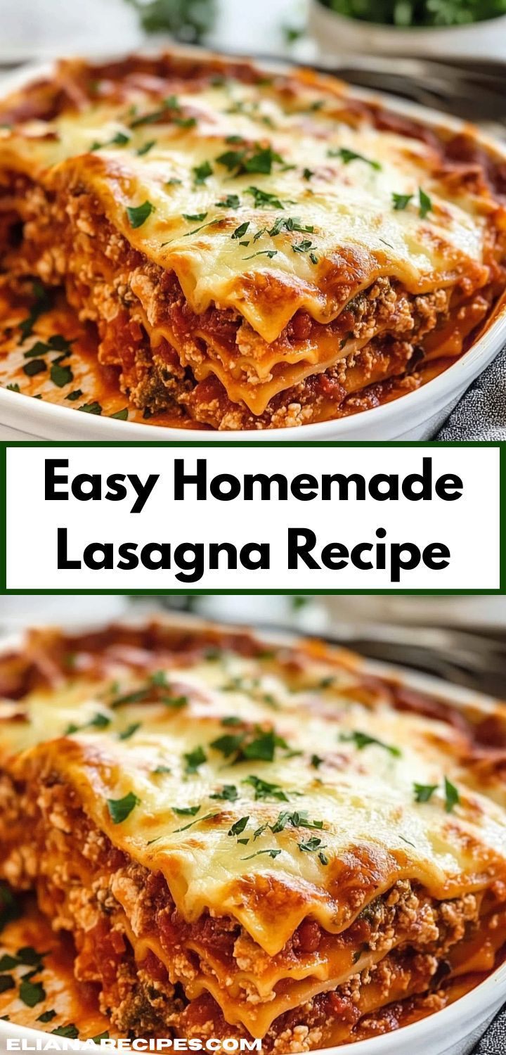 an easy homemade lasagna recipe with meat and cheese on the top is shown