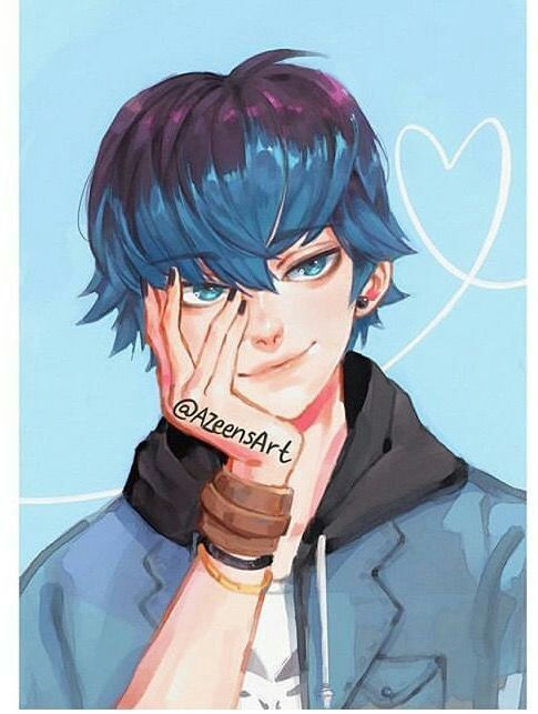 an anime character with blue hair holding his hand to his face