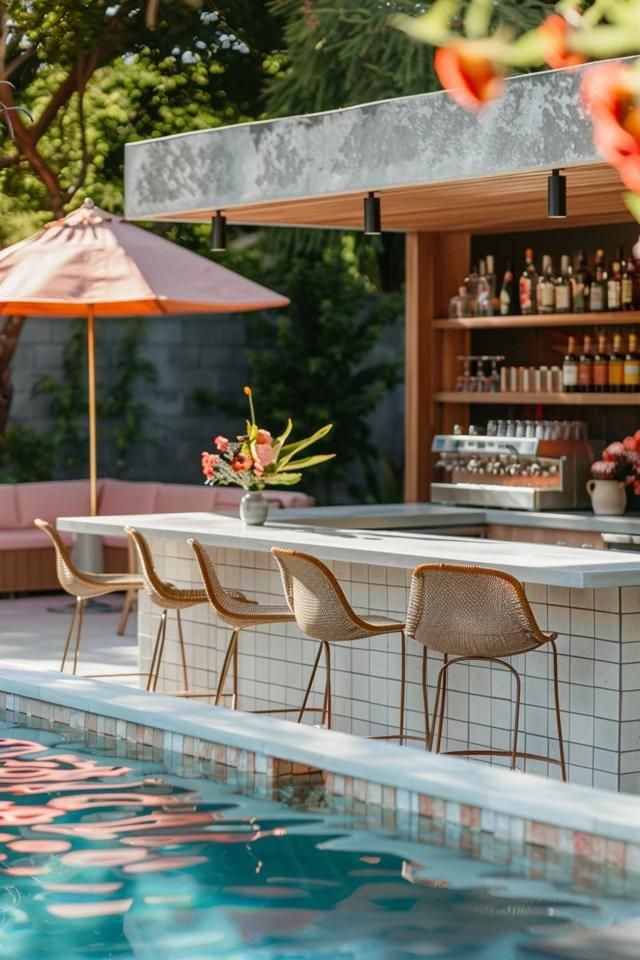 Splashy Above Ground Pool Bar Ideas for Summer Fun Swimming Pool Bar Ideas, Outdoor Pool Cabana, Backyard Pool Bar, Pool Deck Bar, Above Ground Pool Bar Ideas, Hotel Pool Bar, Above Ground Pool Bar, Outdoor Pool Bar, Pool With Bar